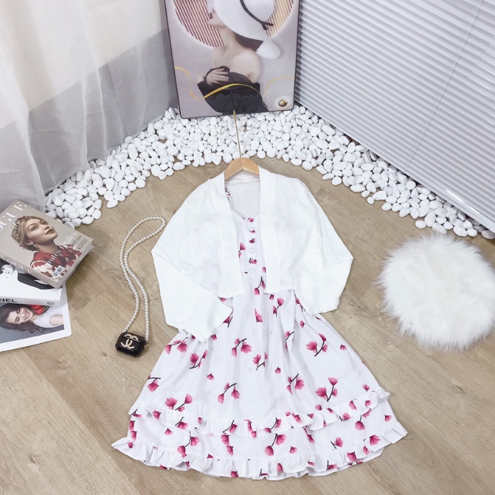 Váy 2 dây nữ - Đầm dự tiệc dáng hoa nhí 2 tầng mix áo cadigan có mút ngực ,chất lụa cao cấp tại sam_sam_shop_1011