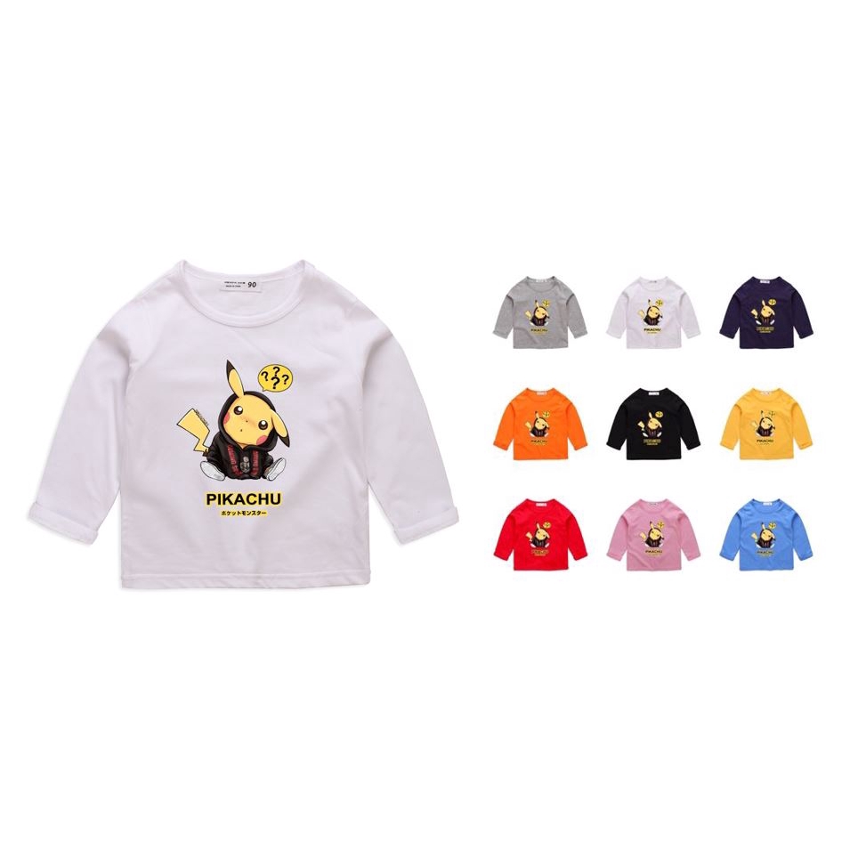 Áo Thun Tay Dài 9 Màu 100% Cotton Hình Pikachu Cho Bé