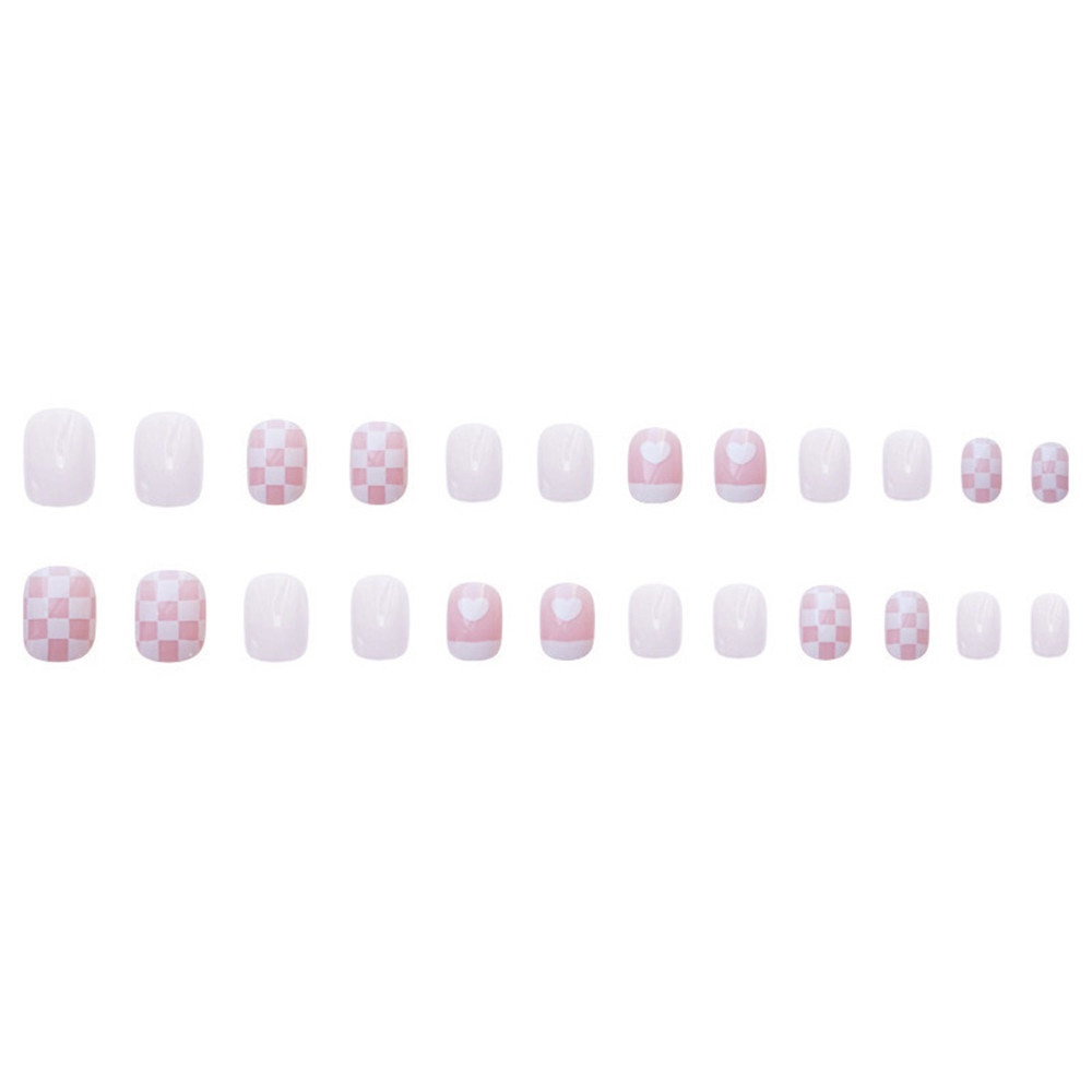 Set 24 Móng Tay Giả Họa Tiết Bàn Cờ Vua/Trái Tim Màu Trắng Hồng