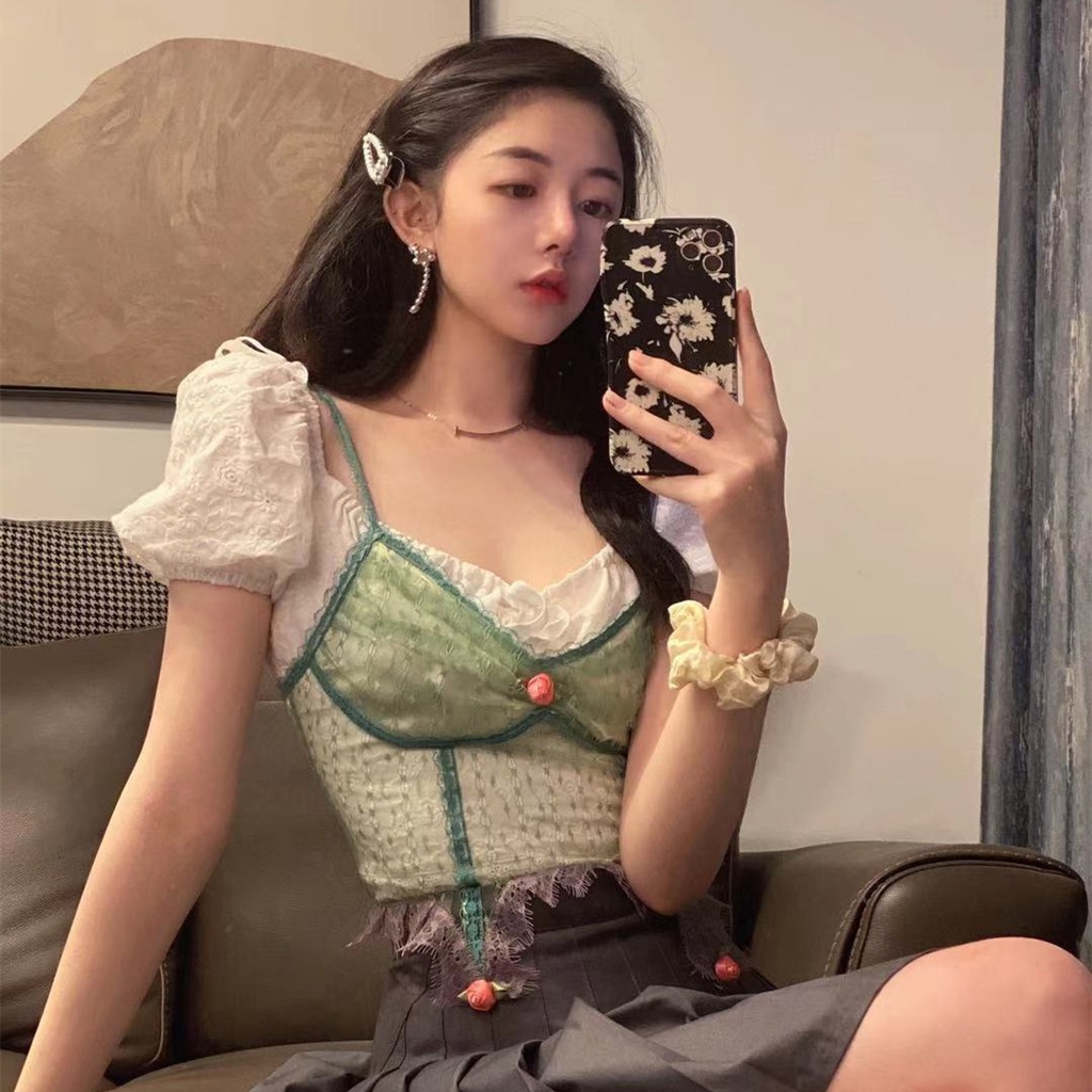 Bộ Quần Áo Ngắn Phối Ren Màu Tương Phản Dễ Phối Đồ Thời Trang Mùa Hè