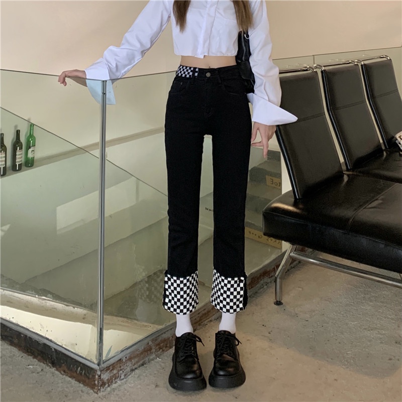 Quần jean ống đứng dáng rộng họa tiết sọc caro thời trang Hàn Quốc dễ phối đồ cho nữ | BigBuy360 - bigbuy360.vn