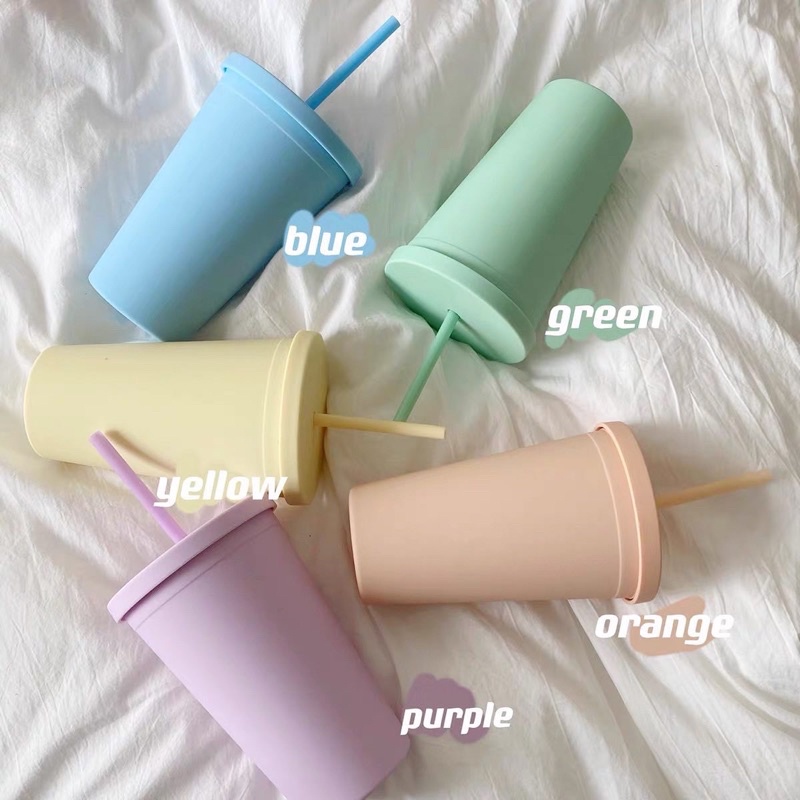 LY001 - Ly nước nhựa giữ nhiệt pastel kèm ống hút (có clip do shop unbox)