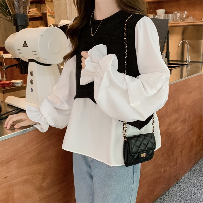 Áo babydoll nữ tay bồng phối gile đen cách điệu- Babyoll tiểu thư phong cách ulzzang hàn quốc