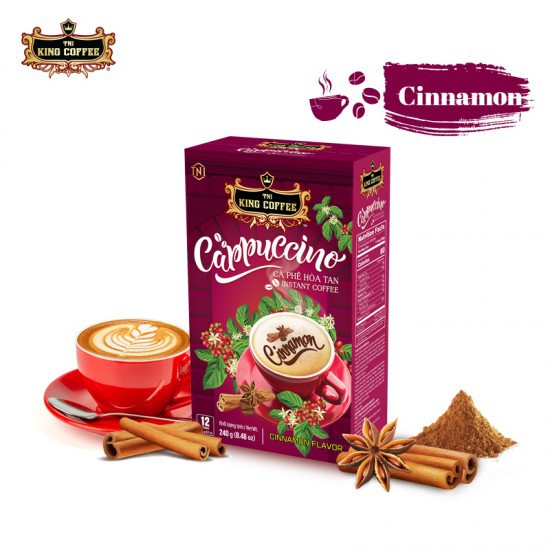 CÀ PHÊ HÒA TAN CAPPUCCINO HƯƠNG QUẾ KING COFFEE - HỘP 12 GÓI X 20G