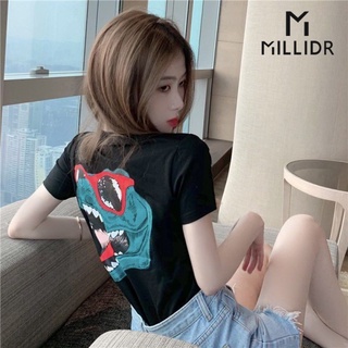 Summer clothes 2022 New Retro Hong Kong style ins trendy top behind the dinosaur letter niche short sleeve loose T-shirt women's clothing