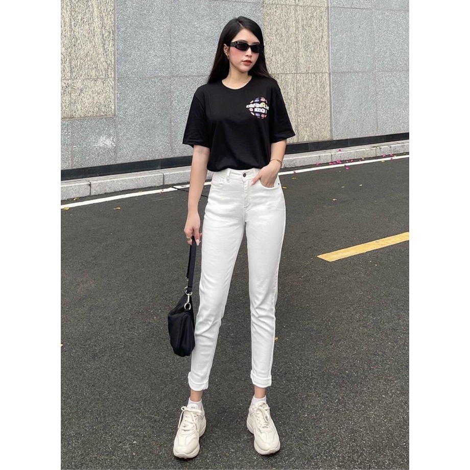 Quần jean nữ boyfriend baggy trơn dài đen và trắng co giãn HQJEANS