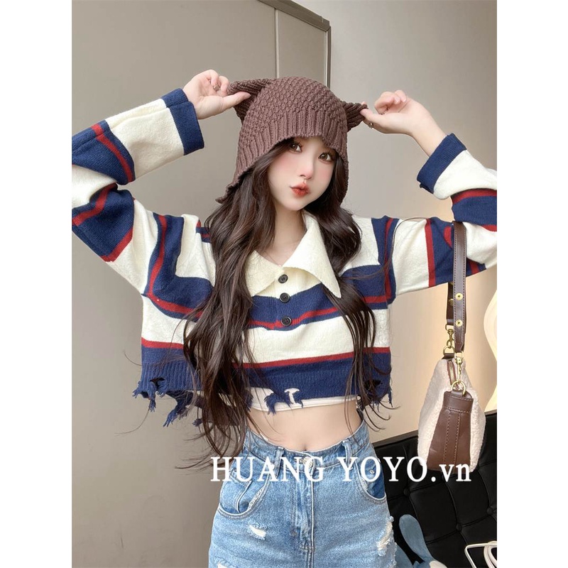 Áo sweater dệt kim cổ bẻ tay dài họa tiết sọc ngang phong cách thời trang Mỹ cho nữ