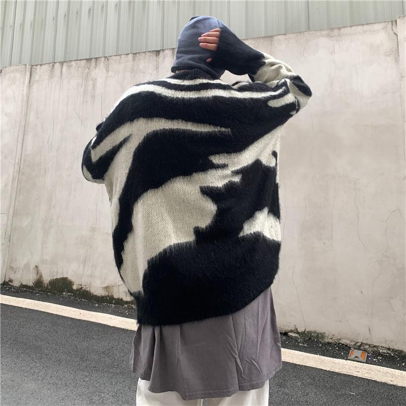 Áo Sweater Dệt Kim Dáng Rộng In Họa Tiết Ngựa Vằn Kiểu Hồng Kông Retro Thời Trang Xuân Thu Cho Nam