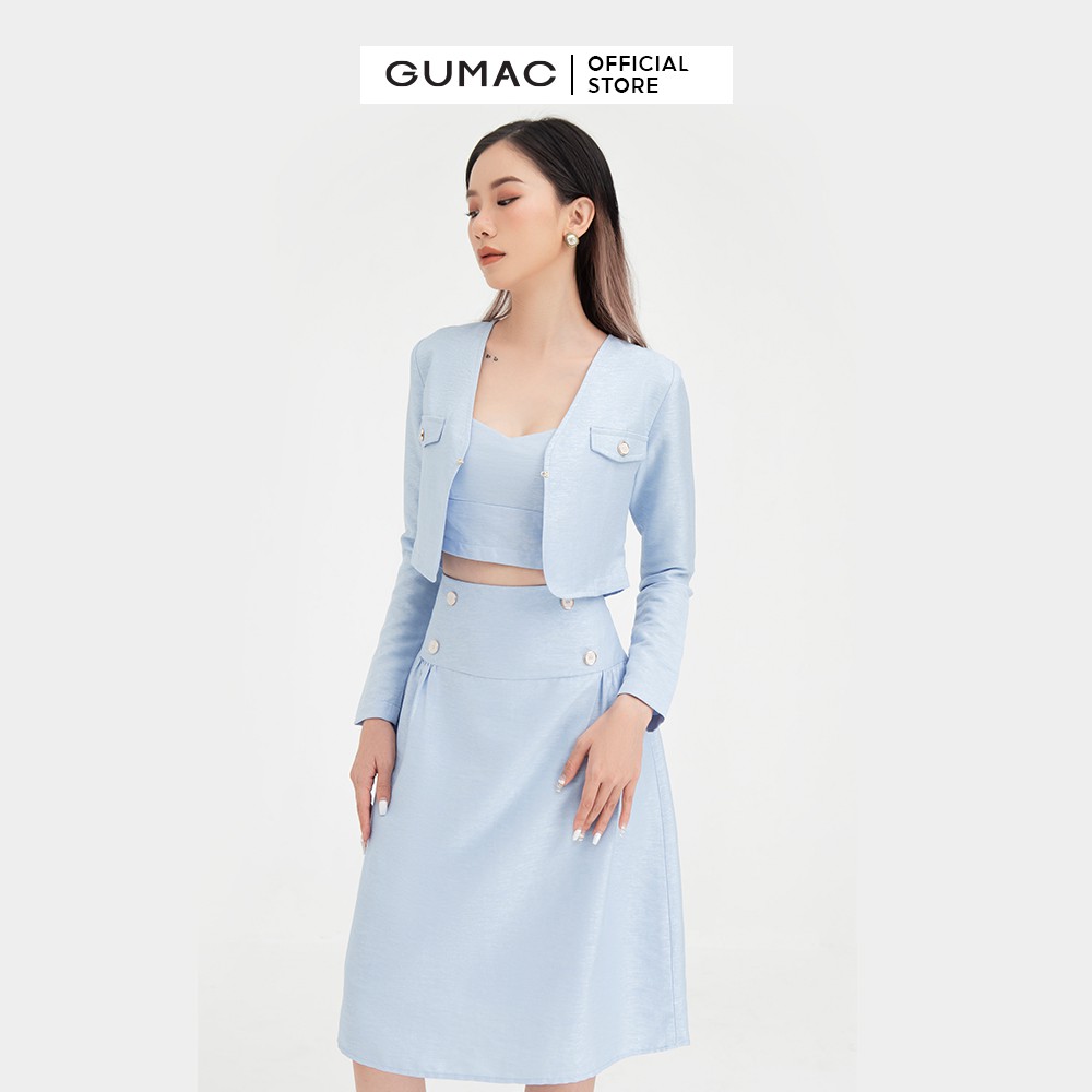 Chân váy nữ dáng dài phối nút GUMAC màu xanh trơn thanh lịch VB490 | BigBuy360 - bigbuy360.vn