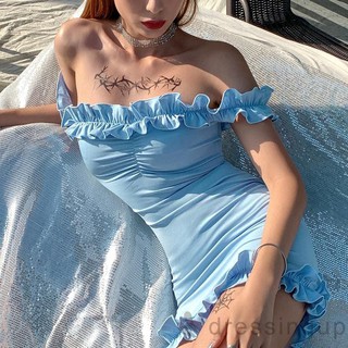 Váy body trễ vai xanh trời phong cách ulzzang