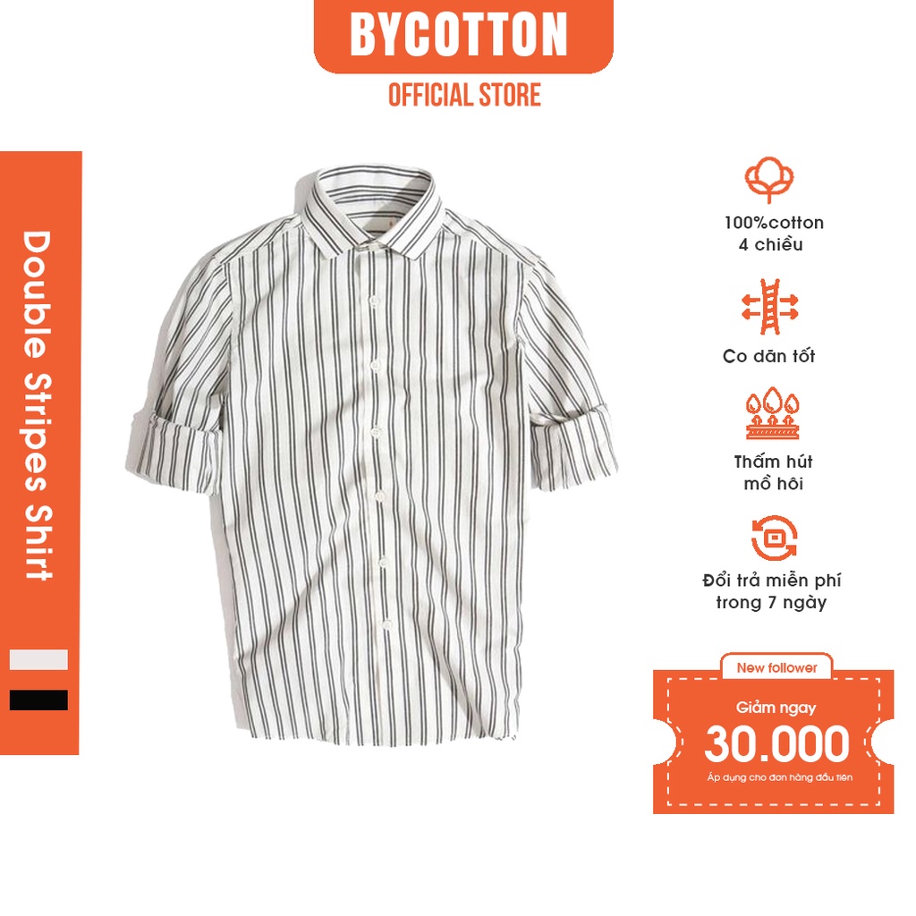 Áo Sơ Mi Nam Dài Tay Trắng Phối Sọc Đôi BY COTTON Double Stripe Shirts