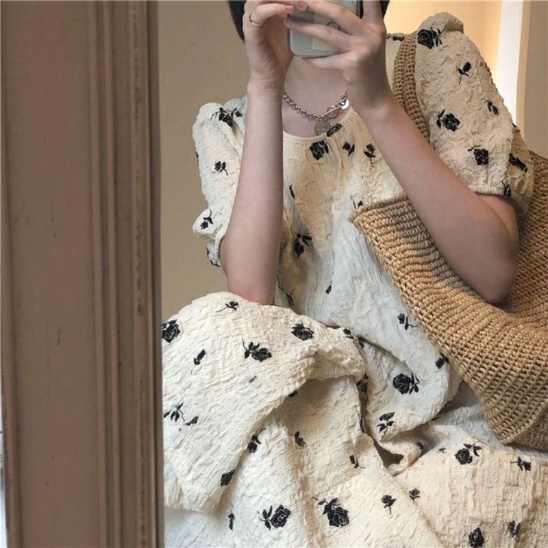 VÁY BABYDOLL HOA NHÍ TAY PHỒNG / ĐẦM DÁNG SUÔNG MÀU BE VINTAGE