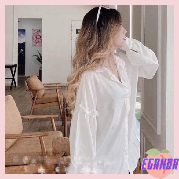 Áo sơ mi nữ trắng dài tay bo chun, Áo sơ mi trắng dài tay nữ tay bèo bo chun chất thô lụa mềm dáng rộng siêu xinh-EGD