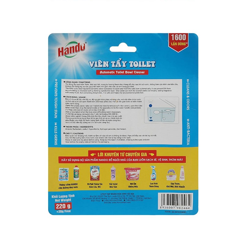 Vỉ 4 viên tẩy xanh vệ sinh làm thơm diệt khuẩn bồn cầu, toilet Hando (60g/viên)