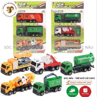 Đồ chơi xe ô tô môi trường hộp 6 xe gồm xe chở rác, xe chở nước, mô hình xe đồ chơi chạy cót cho các bé Sóc nâu