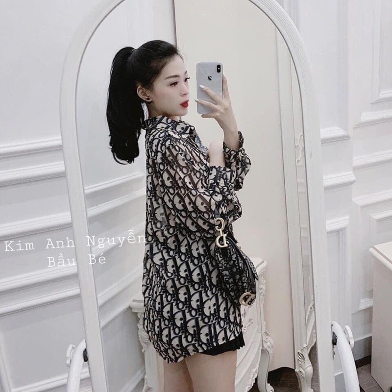 Áo sơ mi lụa hoạ tiết chữ D ior sang chảnh lụa tơ mềm mát cao cấp form rộng