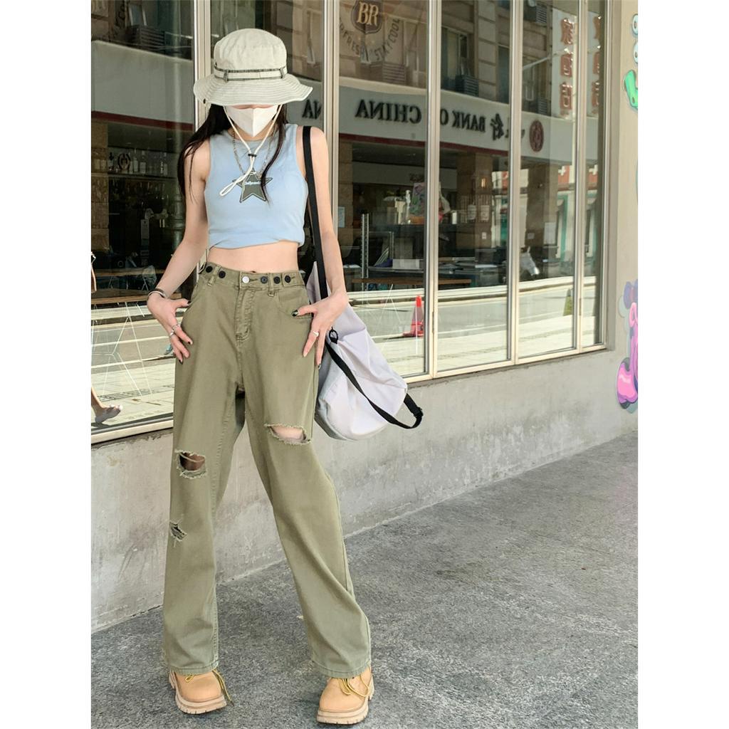 「 WELOVE1 」Quần Jean Dài Dáng Rộng Lưng Cao Phối Rách Kiểu Mỹ Thời Trang Mùa Hè Cho Nữ