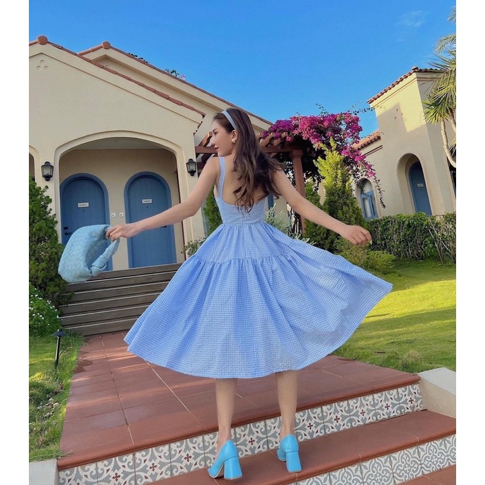 Váy nữ công chúa họa tiết kẻ vuông hai dây dáng dài 🍌🍌 Váy công chúa bồng bềnh 4 màu vàng Hồng xanh lá xanh dương