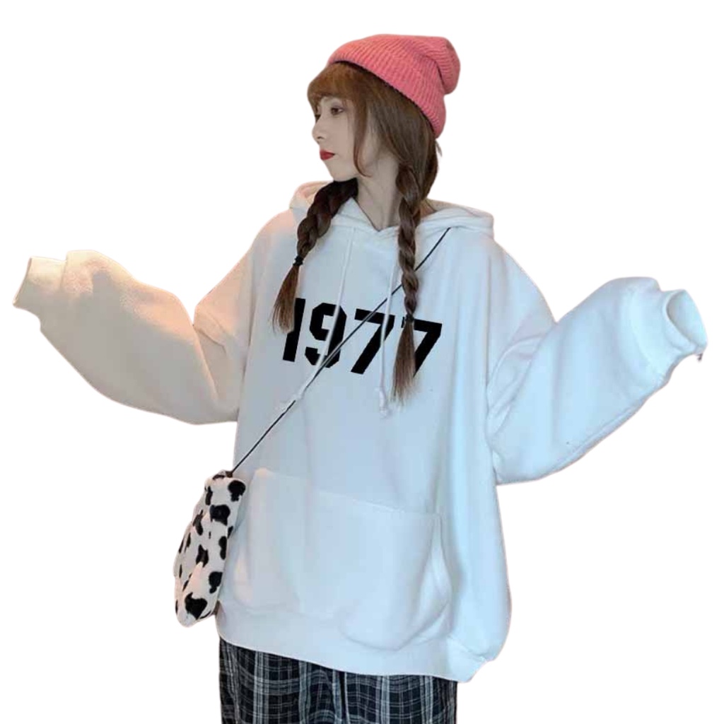 Áo Hoodie chân cua In số 1977 unisex dành cho nam và nữ có mũ form rộng BASIC - Đen Xám Trắng Kem