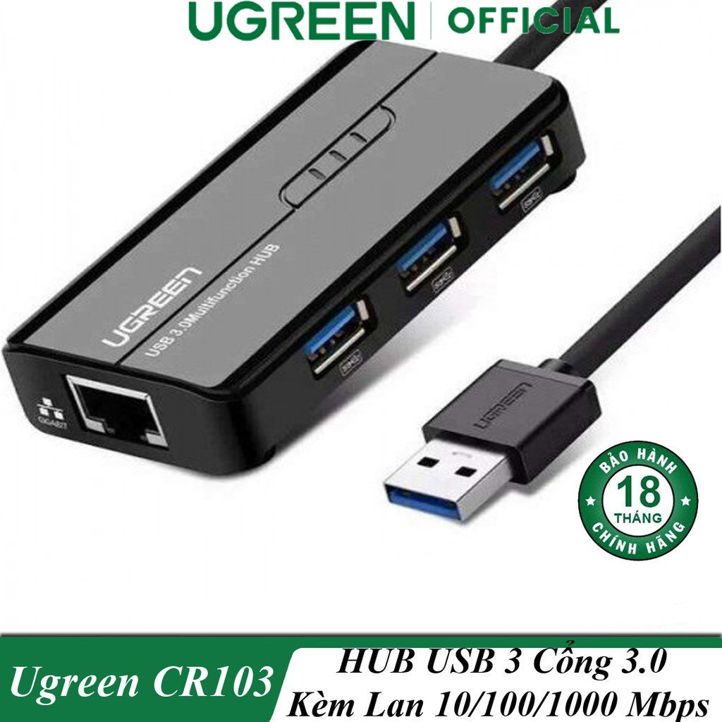 Bộ Chia 3 Cổng USB Kèm Cổng LAN Ugreen CR103 Chính Hãng