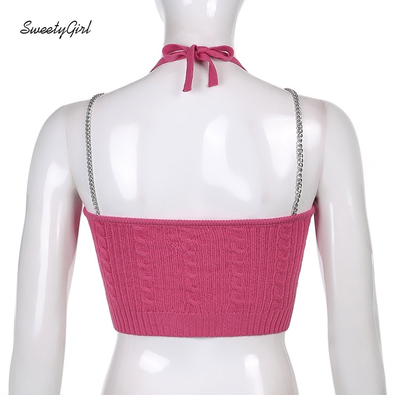 Áo hai dây dệt kim dáng ôm thêu họa tiết trái tim phối dây xích kim loại thời trang cho nữ