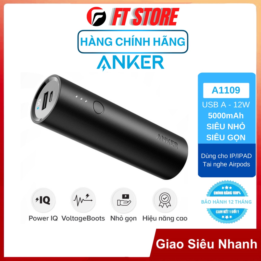 [GIAO HỎA TỐC] Pin Sạc Dự Phòng Anker PowerCore 5000mAh - A1109 BH12TH siêu nhỏ gọn