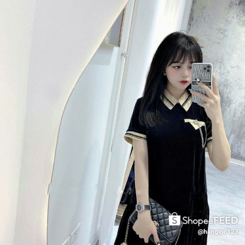 VÁY NHUNG CỔ PHA REN XÍCH