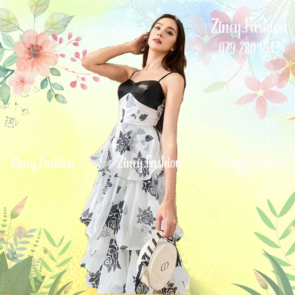 Đầm maxi 2 dây đi biển đi tiệc xoè tầng Váy hoa midi màu đen 2 lớp cao cấp ĐTANG.001