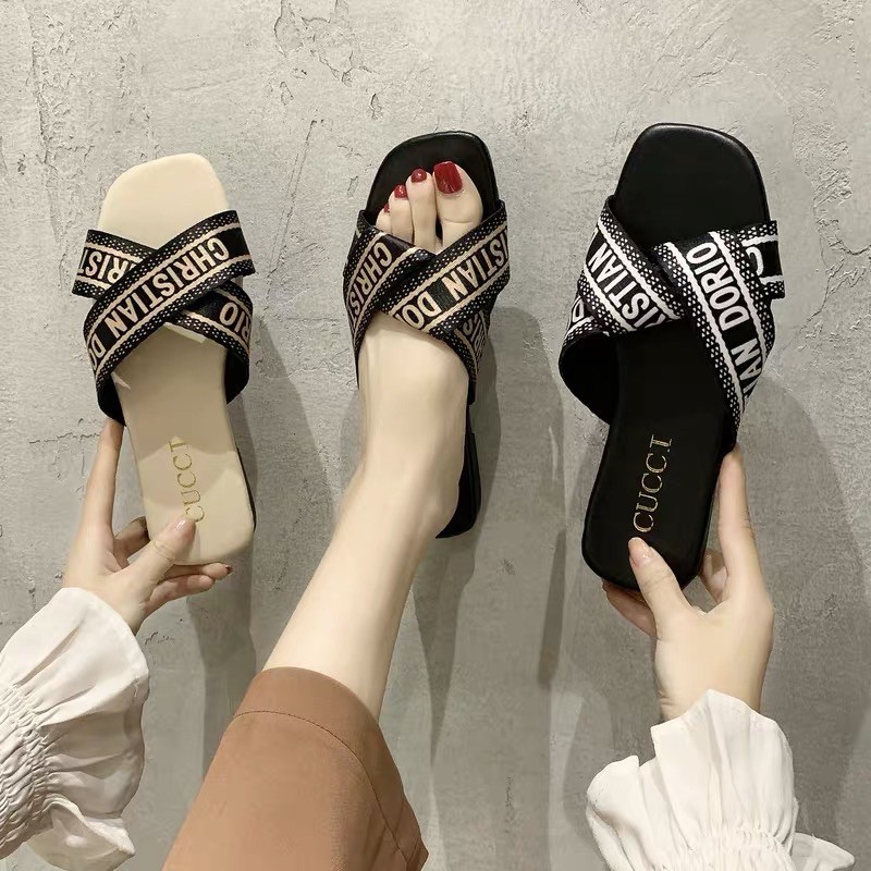 (Hàng có sẵn) Dép lê quai chéo da mềm in chữ BIG SIZE 35-42