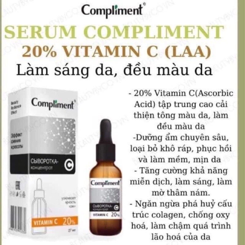 Tinh chất serum Compliment 20% vitamin C, 2%BHA, 5% Hyaluronic giữ ẩm, giảm mụn, Trắng da