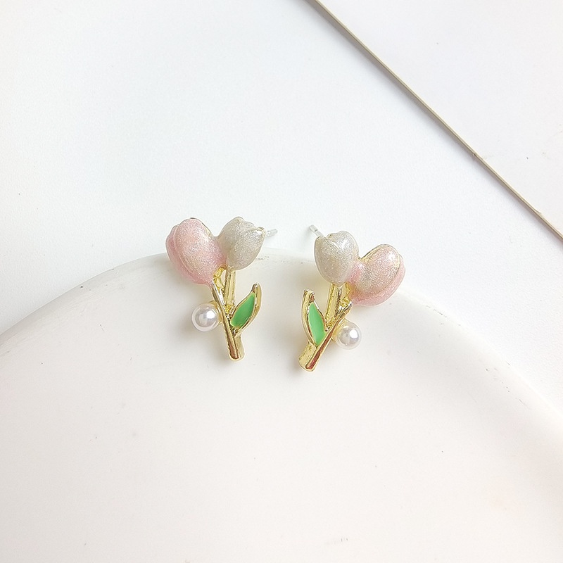 Bông Tai Mạ Bạc 925 Hình Hoa Tulip Hồng Thời Trang