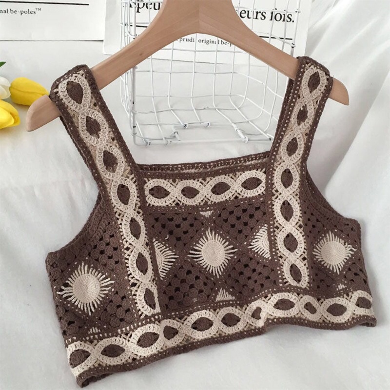 Áo Croptop Dệt Kim Không Tay Họa Tiết Hình Học Phong Cách Bohemian Cổ Điển Thời Trang Mùa Hè Cho Nữ