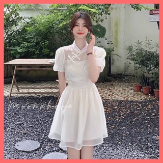 Váy trắng phối ren cổ sườn xám cách tân. Đầm tiểu thư voan xoè