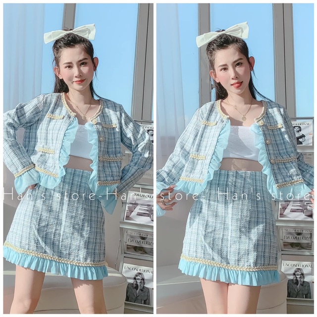 BỘ TWEED VIỀN LƯỚI MÀU HỒNG / XANH ( ẢNH THẬT )