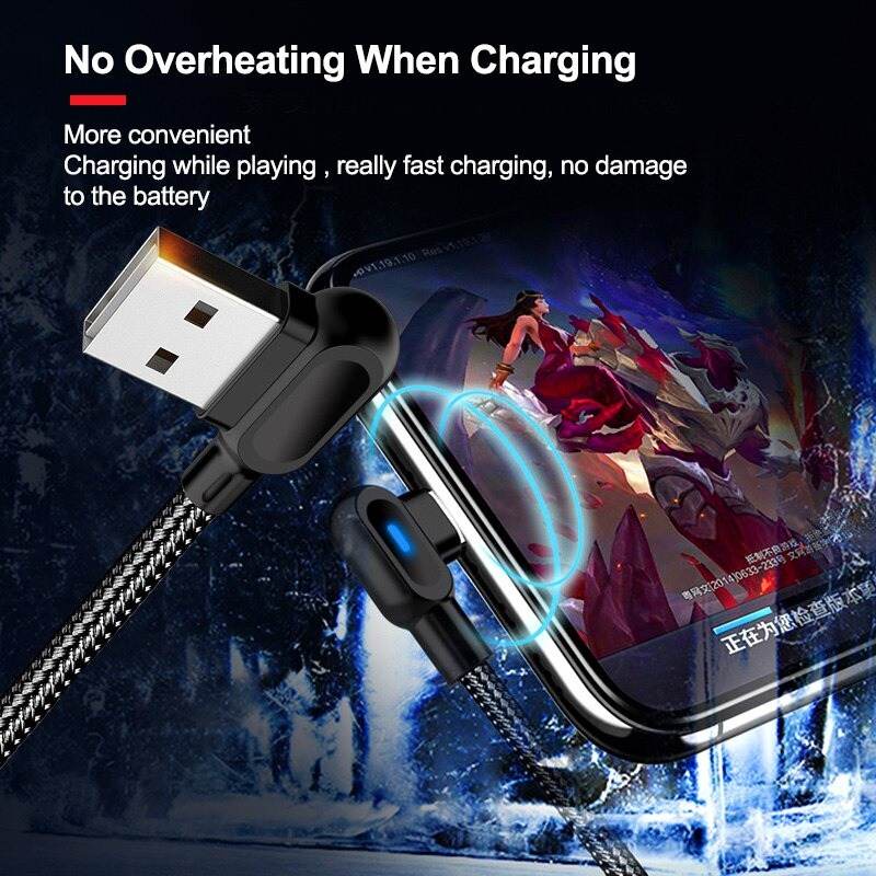 Dây Cáp Sạc Nhanh Gập 90 Độ,Có Đèn Led Đầu Sạc,Chân Sạc Type C Micro USB,cáp sạc chuyên chơi game video