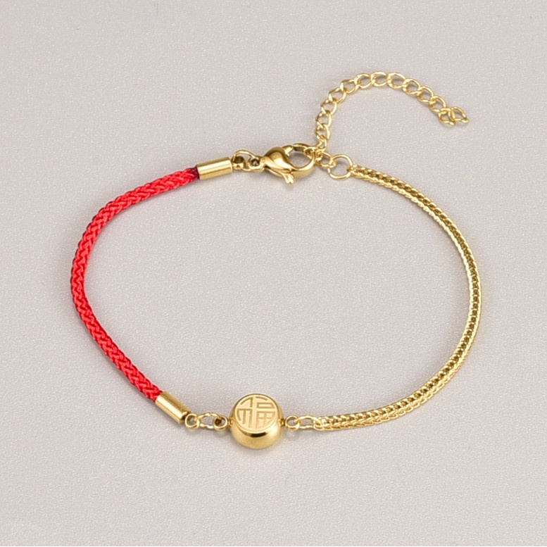 Lắc Tay Dây Đỏ May Mắn Chữ Phúc Titan Ko Đen TT 4385