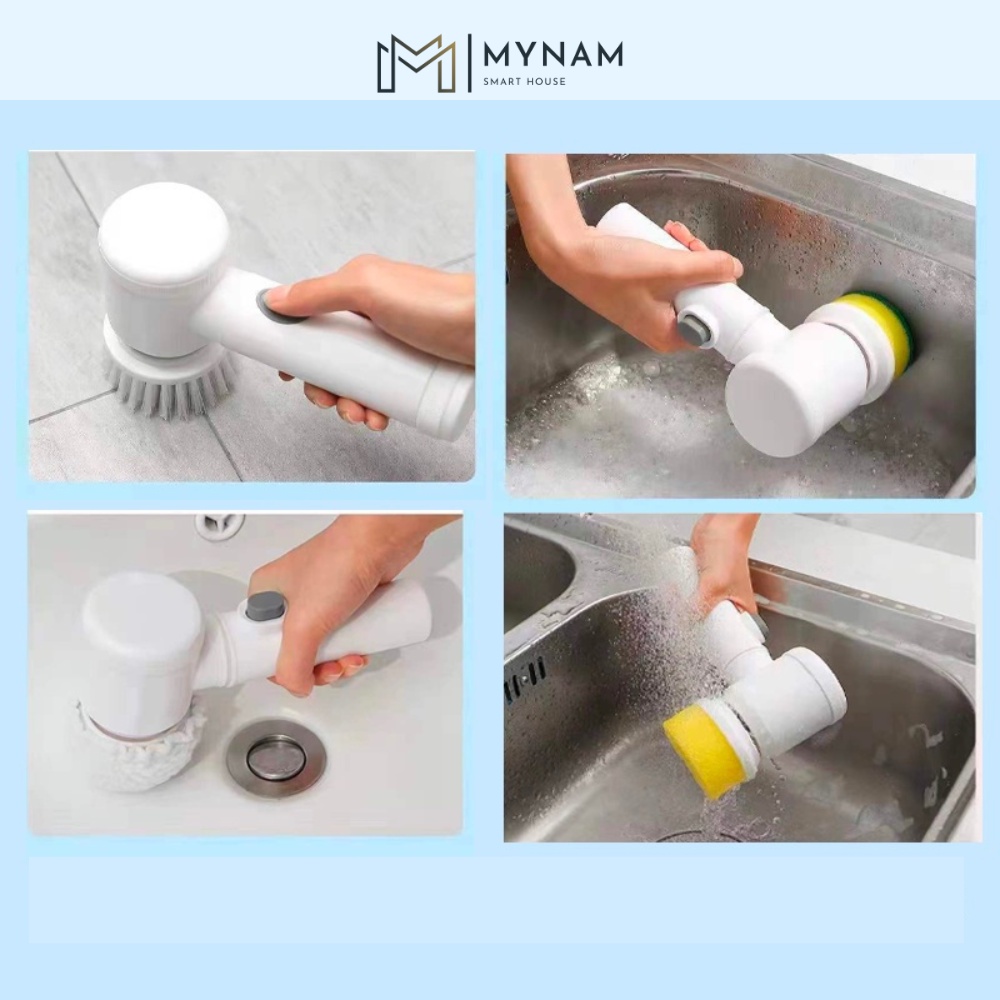 Máy cọ rửa cầm tay đa năng MYNAM sạc usb, bàn chải vệ sinh bếp, bồn rửa mặt, đánh bóng Magic Brush với 3 đầu thay thế