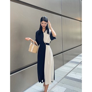 Đầm sơ mi hai màu thắt eo