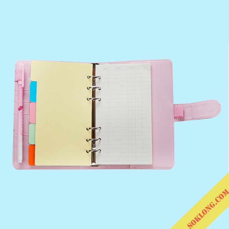 Sổ còng sắt bìa da A6 full phụ kiện ruột tài chính S09 bìa Pastel kèm tab phân trang, túi zip, bút gel