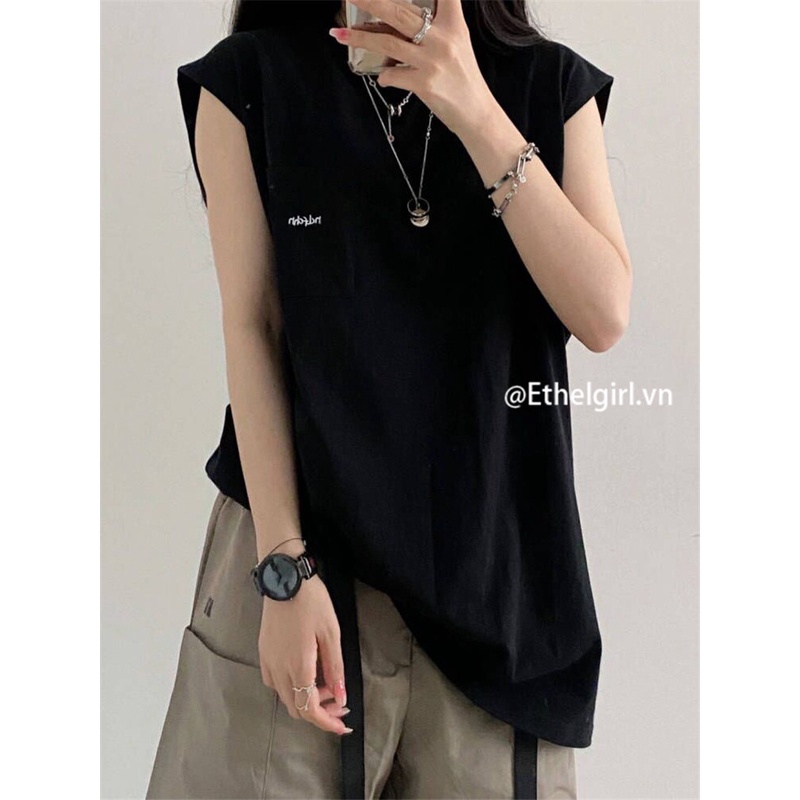 Áo Tank top Đen Không Tay Dáng Rộng Phong Cách Harajuku retro Dành Cho Nữ