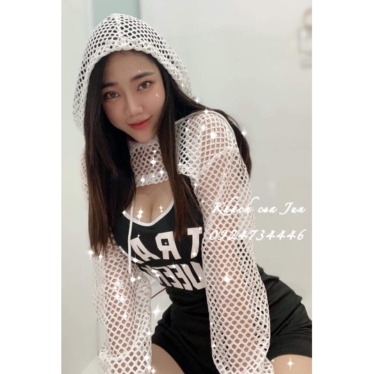 Áo khoác croptop dài tay đục lỗ dạng khoác ngoài cá tính có nón tập gym yoga