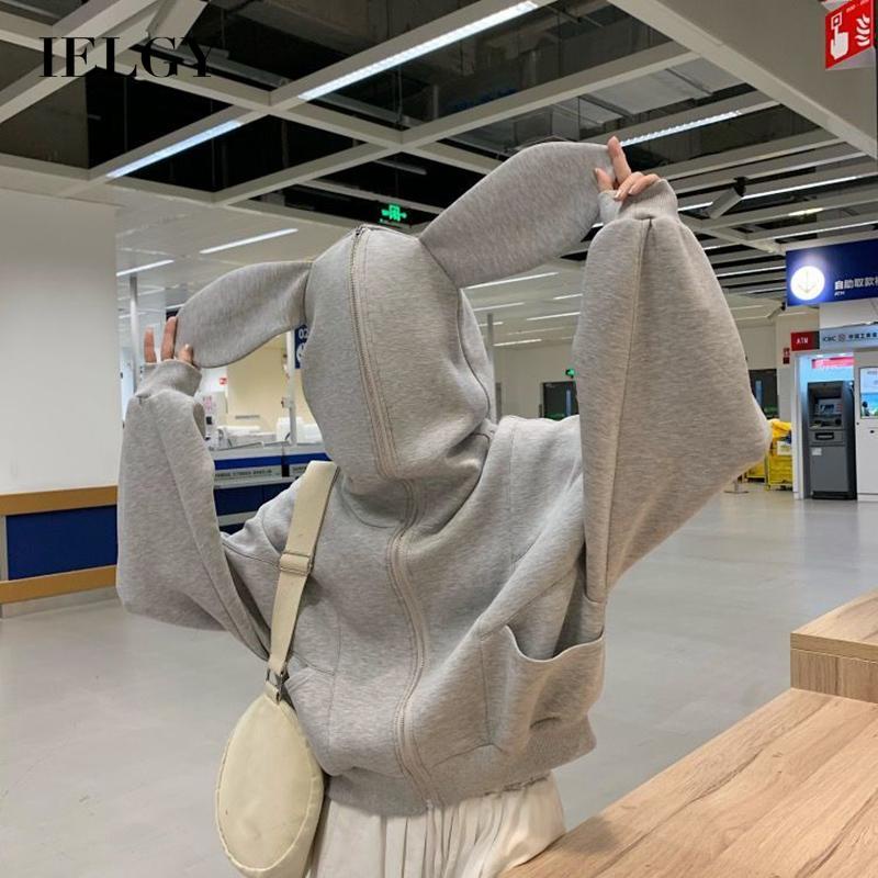 IELGY Áo hoodie dáng rộng có mũ trùm đầu kiểu tai thỏ phong cách Hàn Quốc thời trang cho nữ