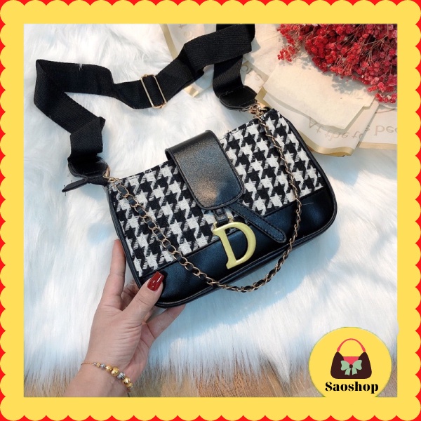 Túi xách kẹp nách đeo chéo chữ D chất liệu da pha thổ cẩm thời trang hót 2022