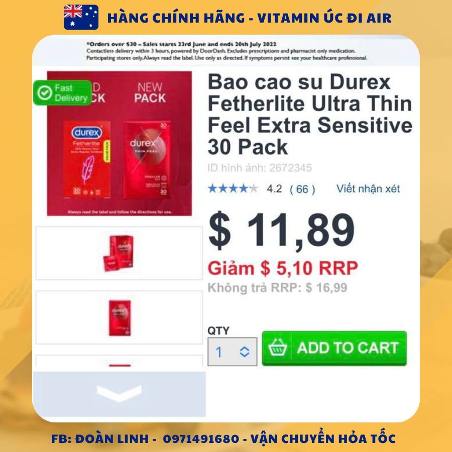 Bao cao su siêu mỏng Durex Fetherlite, Hộp 30 chiếc, Hàng Chuẩn Úc Đi Air, Bao cao su mỏng nhất của Durex