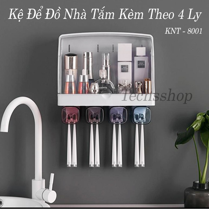 Kệ nhà tắm dán tường để bàn chải có nắp đậy kèm theo ly - Hộp để đồ đa năng KNT-8001