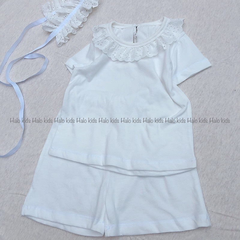 Bộ cộc tay trắng phối ren cao cấp chất liệu 100% cotton cho bé