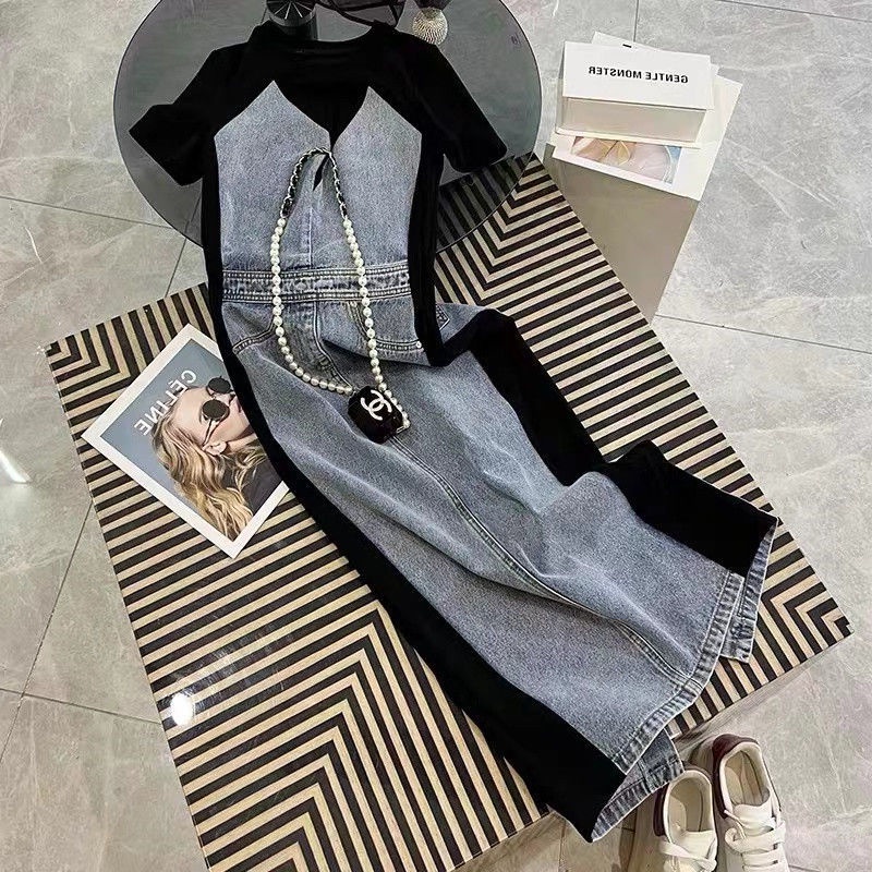Đầm yếm 2022 pha denim chiều dài trung bình xẻ tà dành cho nữ giới