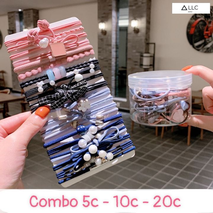 Set buộc tóc thời trang, chun buộc tóc tết hoa. hộp 25 cái