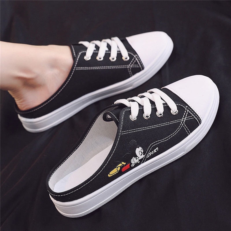Giày lười bằng vải canvas họa tiết gấu nhỏ dễ thương thoáng khí thoải mái cho nữ d302