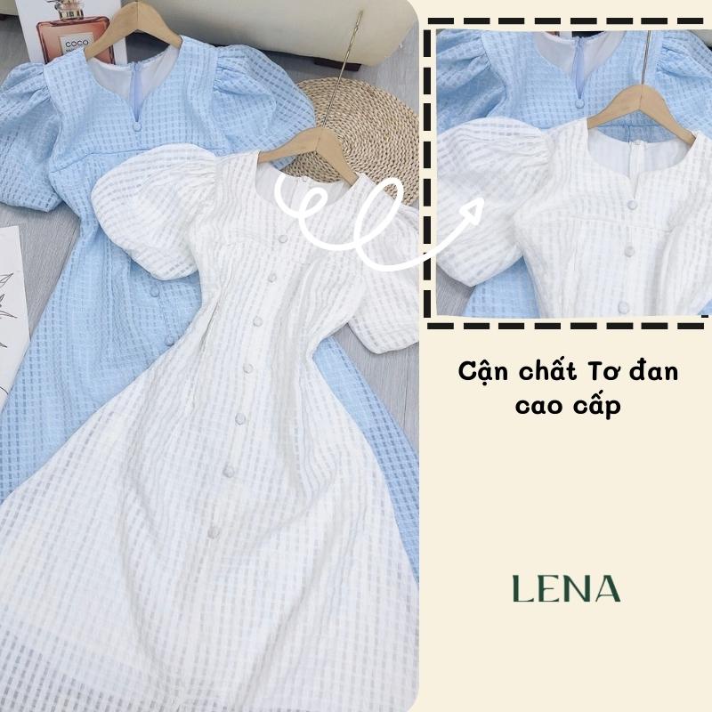 Đầm midi dáng dài tay phồng xẻ tà dự tiệc LENA nút bọc vải tiểu thư - D2187